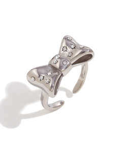Wholesale Stainless Steel Ring Butterfly Bow Knot Zircon Inlaid Ring-Steel Color-02