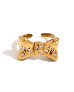Wholesale Stainless Steel Ring Butterfly Bow Knot Zircon Inlaid Ring-Gold Color-02