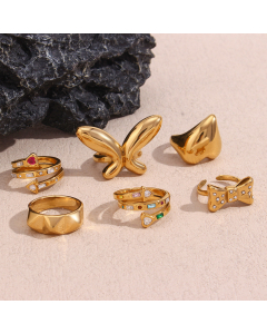 Wholesale Stainless Steel Geometric Ring Punk Casual Plated 18K Gold Butterfly Bow Knot Zircon Inlaid Ring
