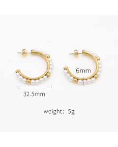 French Light Luxury C-shaped Inlaid Pearl Earrings Stainless Steel Big Ear Circle 