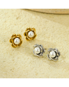 Wholesale Stainless Steel Flower Earrings Camellia Pearl Inlaid Earrings