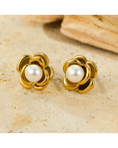 Gold Color Camellia Pearl Inlaid Stainless Steel Flower Earrings 