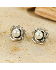 Steel Color Camellia Pearl Inlaid Stainless Steel Flower Earrings 