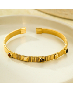 Brown Natural Stone Inlaid Opening Can Be Adjusted Stainless Steel Bracelet 