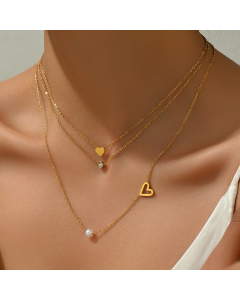 Wholesale Stainless Steel Necklace Fashion Minimalism Love Pearl Zircon Clavicle Three Chain Stacked Necklace
