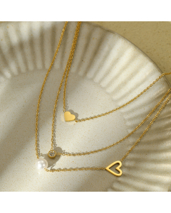 Gold Color Love Pearl Zircon Clavicle Three Chain Stacked Stainless Steel Necklace 