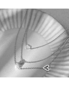 Steel Color Love Pearl Zircon Clavicle Three Chain Stacked Stainless Steel Necklace 
