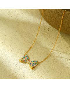 French Style Color Diamond Inlaid Bow Knot Stainless Steel Necklace
