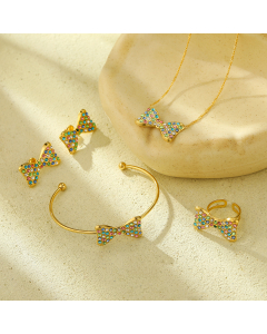 Wholesale Stainless Steel Fine Jewelry French Style Minimalism Color Diamond Inlaid Bow Knot Necklace Bracelet Earrings Rings Sets