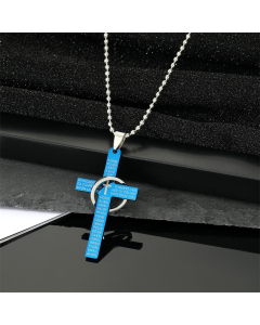 Stainless Steel Cross and Solid Ring Ball Chain Necklace-Blue Color