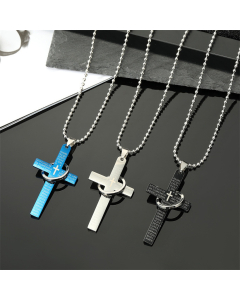 Stainless Steel Cross and Solid Ring Ball Chain Necklace