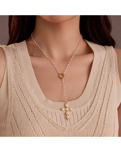 Wholesale Stainless Steel Clavicle Chain Necklace Retro Temperament Cross Pendant Inlaid Pearl Necklace