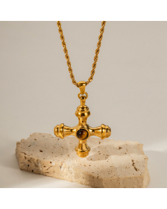 Colorza Trendy 18K Gold Cross Pendant Stainless Steel Rhinestone Inlaid Titanium Steel Necklace Wholesale