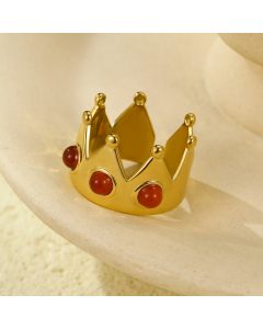 Red Crown With Natural Stone Plated 18K Gold Open Adjustable Stainless Steel Ring 