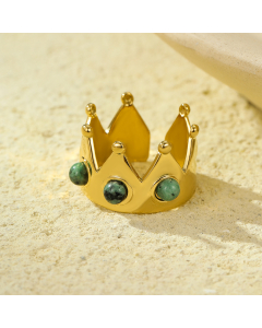 Fashion Crown With Natural Stone Plated 18K Gold Open Adjustable Stainless Steel Ring 