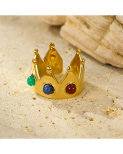 INS Style Crown With Natural Stone Plated 18K Gold Open Adjustable Stainless Steel Ring 