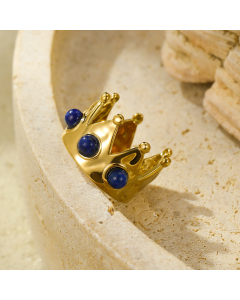 Blue Fashion Crown With Natural Stone Plated 18K Gold Open Adjustable Stainless Steel Ring 