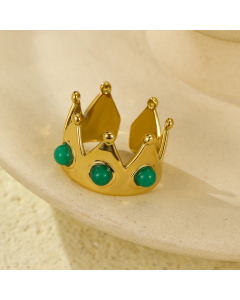 Green Crown With Natural Stone Plated 18K Gold Open Adjustable Stainless Steel Ring 