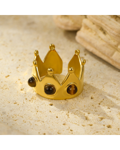 Brown Crown With Natural Stone Plated 18K Gold Open Adjustable Stainless Steel Ring 