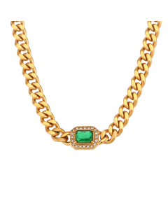  Wholesale Stainless Steel Fine Jewelry Cuban Chain Zircon Bracelet Necklace Sets-Necklace-Green