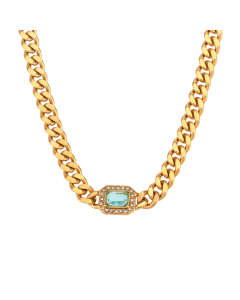  Wholesale Stainless Steel Fine Jewelry Cuban Chain Zircon Bracelet Necklace Sets-Necklace-Blue