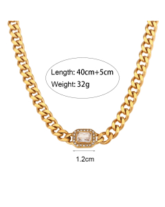  Wholesale Stainless Steel Fine Jewelry Cuban Chain Zircon Bracelet Necklace Sets-Necklace-White