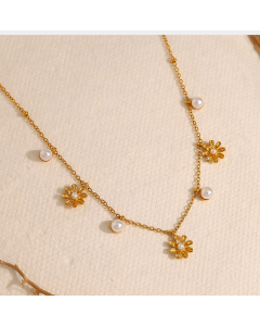 Wholesale Stainless Steel Necklace Daisies Natural Fresh Water Pearl Tassel Necklace