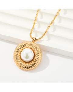 Daily Style Round With Pearl Sweater Chain Stainless Steel Pendant Necklace 