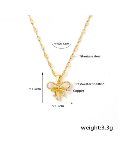 French Style Double Bowknot Freshwater Shellfish Inlaid Pendant Stainless Steel Clavicle Chain Necklace