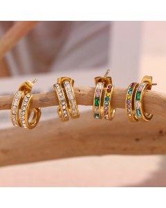 Wholesale Stainless Steel Earrings Double C-shaped Zircon Inlaid Earrings
