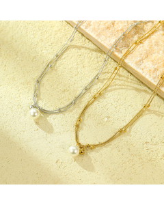 Wholesale Stainless Steel Necklace Fashion Minimalism Double Chain Pearl Plated 18K Gold Clavicle Chain Necklace