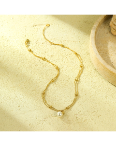 Gold Color Double Chain Pearl Plated 18K Gold Clavicle Chain Stainless Steel Necklace