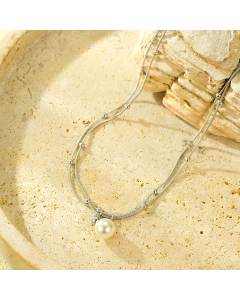 Steel Color Double Chain Pearl Plated 18K Gold Clavicle Chain Stainless Steel Necklace