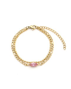 Pink Diamond-shaped Zircon Inlaid Stainless Steel Double Chain Bracelet