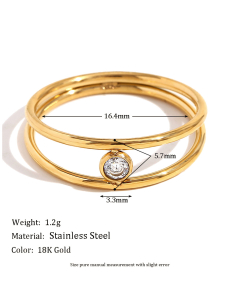 Fashion Minimalism Plated 18K Gold Double Layered White Diamond Inlaid Stainless Steel Ring