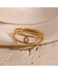 Wholesale Stainless Steel Ring Fashion Minimalism Plated 18K Gold Double Layered White Diamond Inlaid Ring