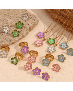 Wholesale Stainless Steel Fine Jewelry Colored Drop Oil Petal Necklace Earrings Ring Sets