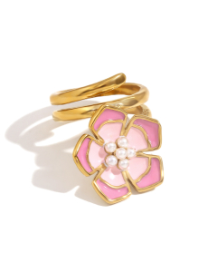 Wholesale Stainless Steel Fine Jewelry Colored Drop Oil Petal Necklace Earrings Ring Sets-Ring-Pink