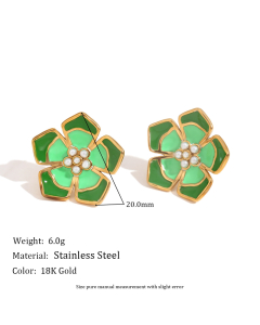 Wholesale Stainless Steel Fine Jewelry Colored Drop Oil Petal Necklace Earrings Ring Sets-Earrings-Green
