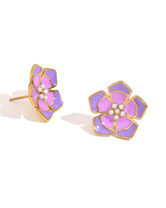 Wholesale Stainless Steel Fine Jewelry Colored Drop Oil Petal Necklace Earrings Ring Sets-Earrings-Purple