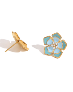 Wholesale Stainless Steel Fine Jewelry Colored Drop Oil Petal Necklace Earrings Ring Sets-Earrings-Blue
