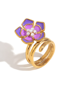 Wholesale Stainless Steel Fine Jewelry Colored Drop Oil Petal Necklace Earrings Ring Sets-Ring-Purple