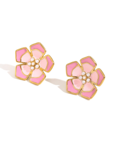 Wholesale Stainless Steel Fine Jewelry Colored Drop Oil Petal Necklace Earrings Ring Sets-Earrings-Pink