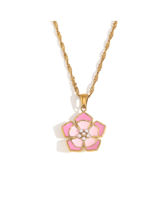 Wholesale Stainless Steel Fine Jewelry Colored Drop Oil Petal Necklace Earrings Ring Sets-Necklace-Pink
