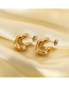 Fashion C-Shaped 18K Gold Stainless Steel Hammer Pattern Pearl Inlaid Zircon Women Earrings