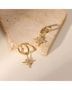 Creative Stainless Steel14K Gold Eight-Pointed Star Inlaid Five Zircon Pendant Earrings