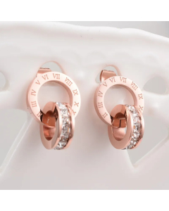 Korean Small Square Diamond Roman Numeral Double Ring Titanium Steel Earrings