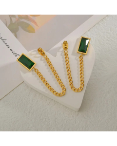 Vintage Green Square Zircon Chain Retro Titanium Steel Earrings
