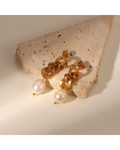 New 18K Gold-Plated Baroque Pearl Drop Geometric Stainless Steel Earrings