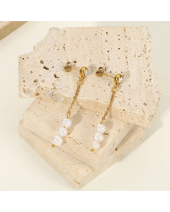 Stainless Steel Cubic Zirconia Long Chain Pearl Earrings